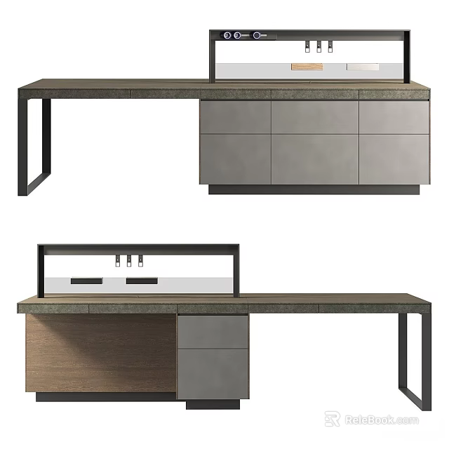 Modern Bar Counter Design With Gray Top Black Frame And Wooden Cabinets 3d model 