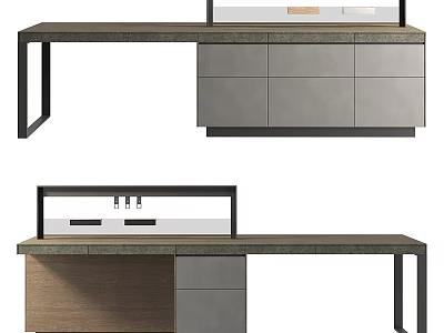 Modern Bar Counter Design With Gray Top Black Frame And Wooden Cabinets 3d model
