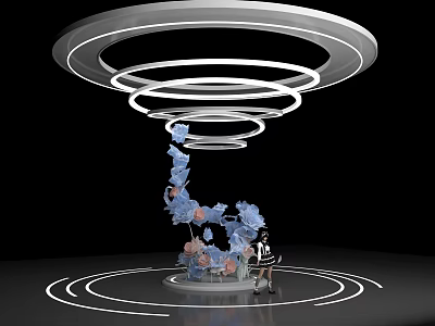 Elegant Decorative Display With Circular Light Rings Floral Structure Figure Model On Black Background 3d model