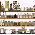 Organized Kitchen Shelves With Spices Dishes Bowls Fresh Fruits And Essential Appliances