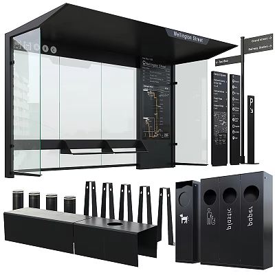 Modern Public Facilities Bus Shelter With Glass Walls Route Map And Trash Bins 3d model