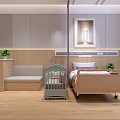 Modern Hospital Room Interior With Wooden Bed Nightstand TV And Purple Curtains
