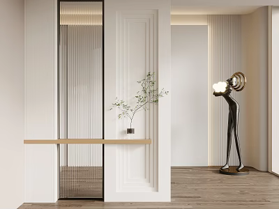 Modern Entryway Hallway Design With Console Table Potted Plant Floor Lamp And Wooden Floor White Walls 3d model