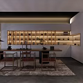 Serene Tea Room Interior With Wooden Table Chairs Shelves Tea Sets And Green Plants