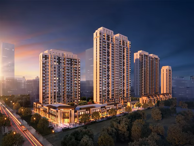 Modern High Rise Residential Buildings With Green Landscaping And Evening Roadside Lights 3d model