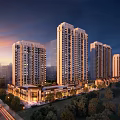 Modern High Rise Residential Buildings With Green Landscaping And Evening Roadside Lights