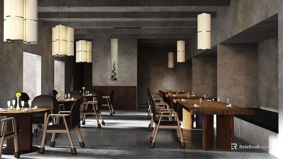 Industrial Style Restaurant Interior With Concrete Walls Wooden Tables And Pendant Lights 3d model 
