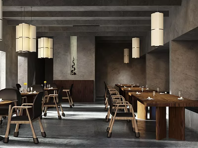 Industrial Style Restaurant Interior With Concrete Walls Wooden Tables And Pendant Lights 3d model