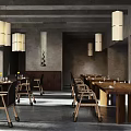 Industrial Style Restaurant Interior With Concrete Walls Wooden Tables And Pendant Lights