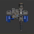 Mechanical Battle Mech Robot With Blue Legs Gray Torso And Armored Weapon Systems