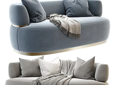 Modern Sectional Sofa With Gray Blue Velvet Gold Accents Pillows And Throw Blanket 3d model