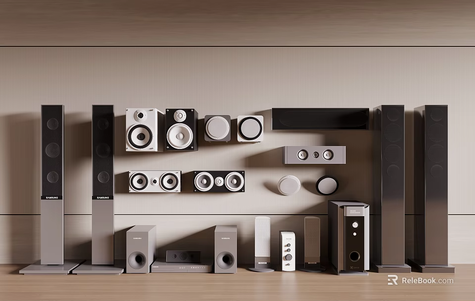 Modern Headphones And Speakers Collection With Floor Standing Bookshelf And Subwoofer Units 3d model 