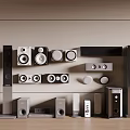 Modern Headphones And Speakers Collection With Floor Standing Bookshelf And Subwoofer Units