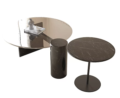 Modern Round Coffee Table Set With Metallic Frame Mirrored And Black Marble Tops 3d model