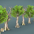 Cartoon Scene With Various Trees Having Green Leaves And Bare Branches