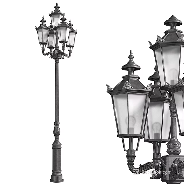 Classic Outdoor Street Lights With Decorative Lamp Posts And Glass Shades 3d model 