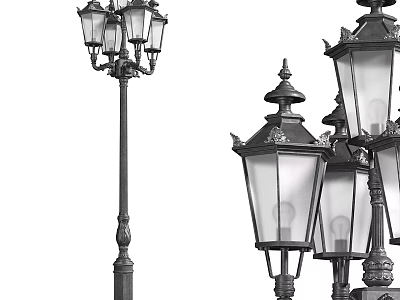 Classic Outdoor Street Lights With Decorative Lamp Posts And Glass Shades 3d model