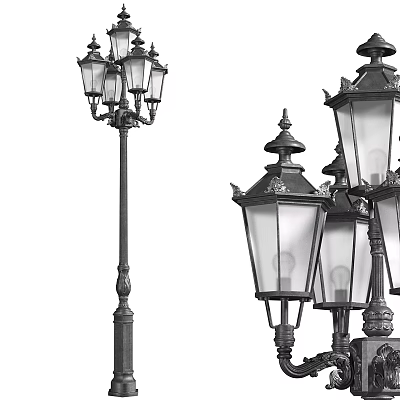 Classic Outdoor Street Lights With Decorative Lamp Posts And Glass Shades 3d model