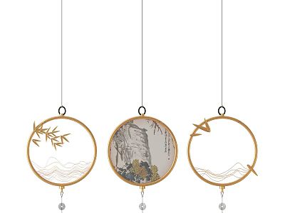 Circular Hanging Ornaments with Golden Frame Bamboo Landscape Flying Birds Wavy Patterns and Small Beads 3d model
