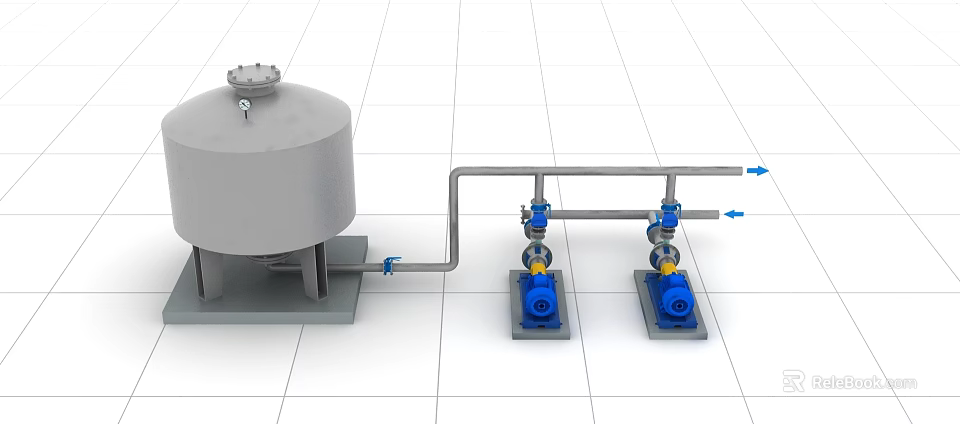 Industrial Equipment Setup Featuring Grey Storage Tank Pipes Valves And Two Blue Pumps 3d model 