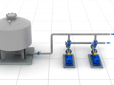 Industrial Equipment Setup Featuring Grey Storage Tank Pipes Valves And Two Blue Pumps 3d model