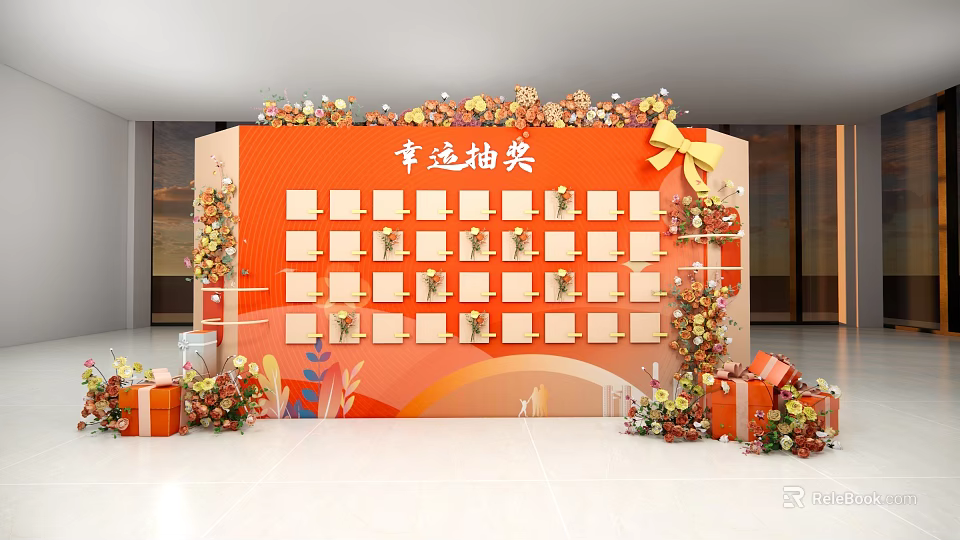 Floral Decoration For Lucky Draw With Orange Backdrop Prize Display Grids And Gift Boxes 3d model 