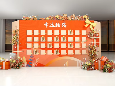 Floral Decoration For Lucky Draw With Orange Backdrop Prize Display Grids And Gift Boxes 3d model