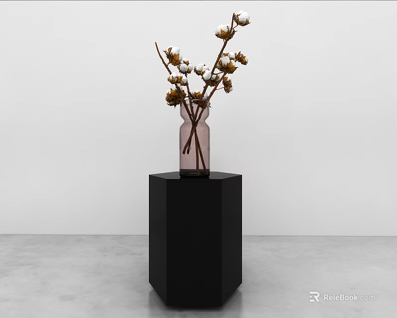 Cotton Flowers in Pink Vase on Black Hexagonal Pedestal Gray Floor White Wall 3d model 