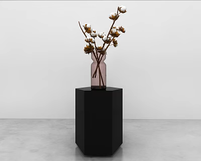 Cotton Flowers in Pink Vase on Black Hexagonal Pedestal Gray Floor White Wall 3d model