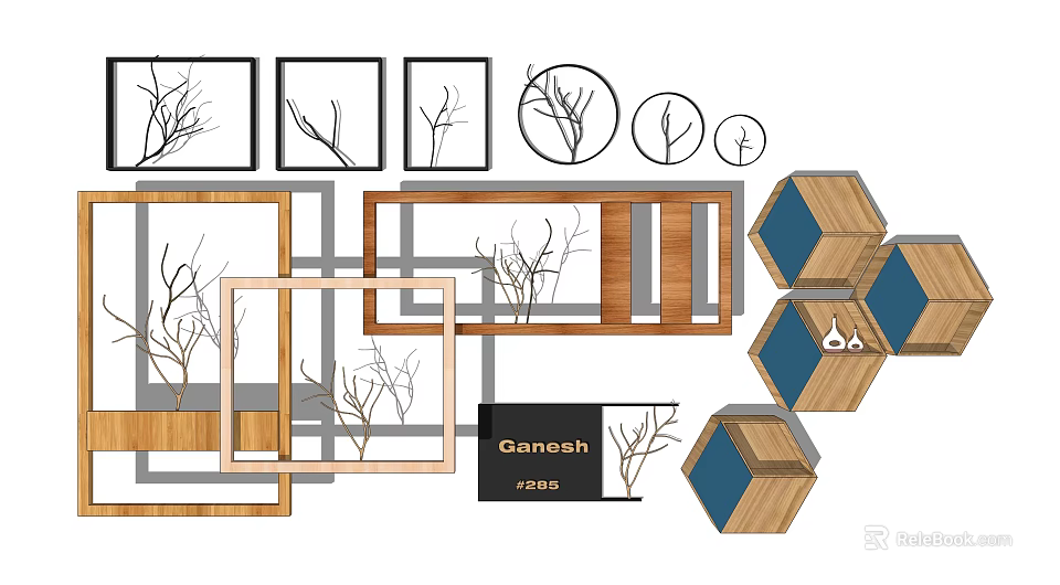Office Interior With Multiple Frames Twig Patterns Ganesh Sign Wooden Hexagonal Shelves And Blue Accents 3d model 