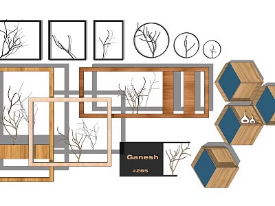 Office Interior With Multiple Frames Twig Patterns Ganesh Sign Wooden Hexagonal Shelves And Blue Accents 3d model