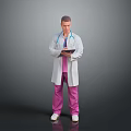 Male Doctor Wearing White Coat And Stethoscope Holding Tablet With Pink Pants And Gray Background