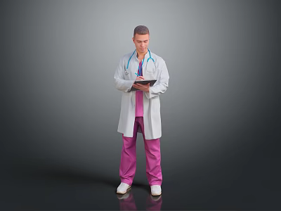 Male Doctor Wearing White Coat And Stethoscope Holding Tablet With Pink Pants And Gray Background 3d model