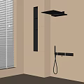 Black Wall Mounted Shower Head With Handheld Sprayer And Beige Bathroom Wall Shelf