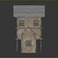 Rustic Two Story Wooden House With Blue Roof And Weathered Wood Exterior