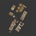 Rustic Country Landscape With Wooden Market Stalls Barrels Baskets And Fruits
