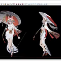 Anime Style Game And Movie Character With Fox Ears Holding Red White Umbrella Flowing Skirt
