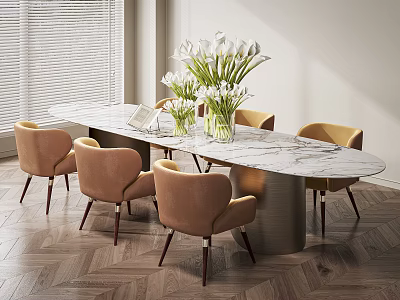 Elegant Oval Dining Table And Beige Chairs With Marble Top Wooden Legs And White Flowers 3d model