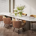 Elegant Oval Dining Table And Beige Chairs With Marble Top Wooden Legs And White Flowers