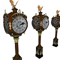 Vintage Professor Clocks With Eagle Statues Gold Accents And Brown Pillars Featuring Ornate Dials