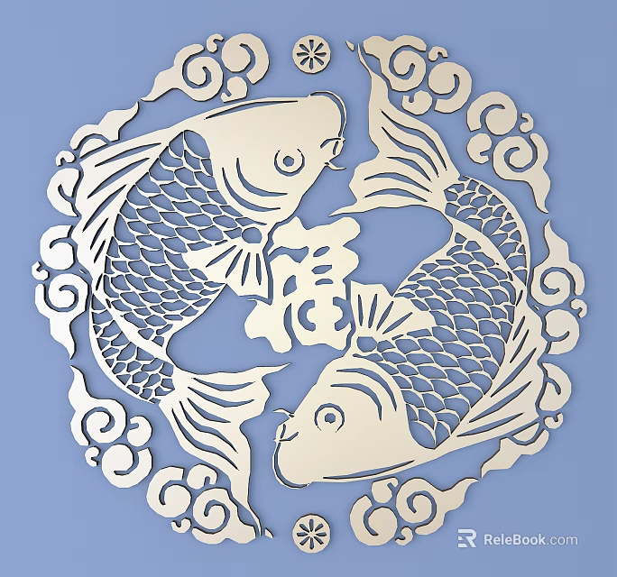 Intricate Circular Paper Carving with Two Carps Cloud Patterns and Fortune Character 3d model