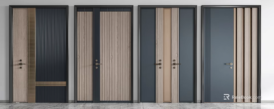 Modern Contemporary Double Door Design With Wood Grain Panel And Black Frame 3d model 