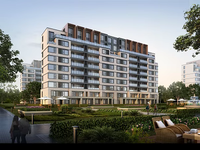 Modern Multi Storey Residential Building With Landscaped Garden And Outdoor Seating 3d model