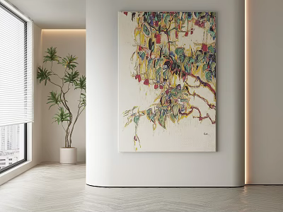 Vibrant Abstract Painting with Colorful Branches Leaves and Red Accents in Modern Interior Space 3d model