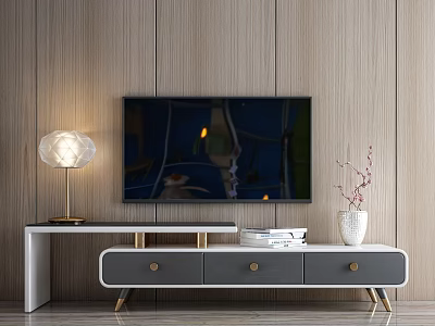 Modern TV Stand with Wooden Wall Backdrop TV Table Lamp Books and Vase 3d model
