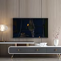 Modern TV Stand with Wooden Wall Backdrop TV Table Lamp Books and Vase