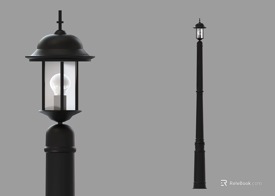 Traditional Black Outdoor Street Lamp With Transparent Glass Shade And Tall Pole Design 3d model 