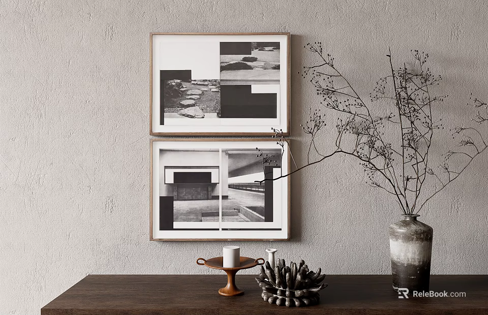 Decorative Ornament Combination With Framed Wall Art Vase Dried Branches Candle Holder And Pinecone Decor 3d model 