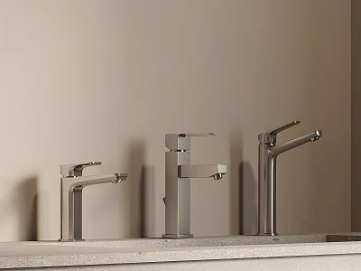 Three Modern Faucets Arranged on Light Colored Countertop with Light Background Wall 3d model