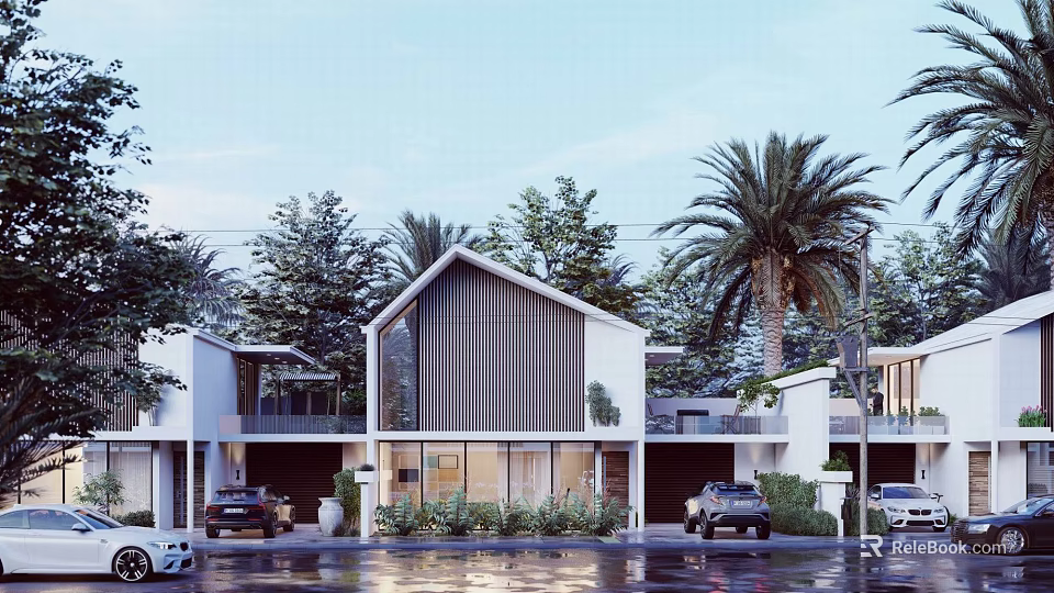 Modern Detached Villa Exterior With Palm Trees Driveway And Garage Design 3d model 